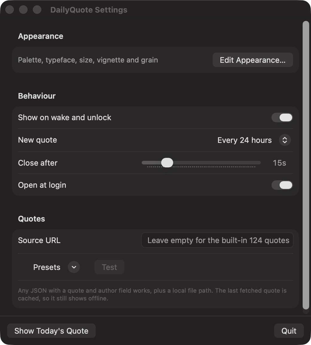 The Settings window